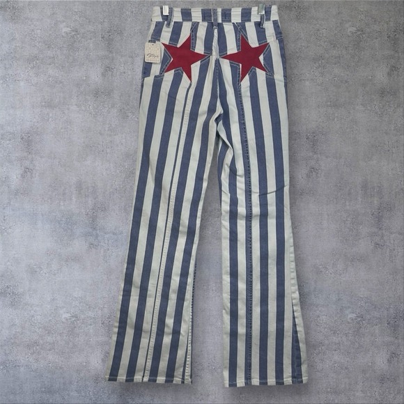 Free People Firecracker Flare Striped Jeans Womens 27 Red White Blue USA Hippie - Picture 2 of 13